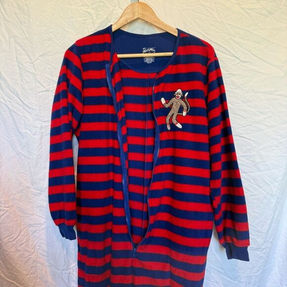Nick and Nora Sock Monkey Footed Pajama Onesie Large Red Blue Stripe - Picture 6 of 8